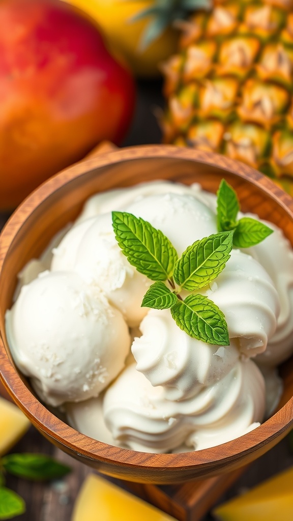 Creamy vegan coconut ice cream in a bowl with mint leaves and shredded coconut, surrounded by tropical fruits.